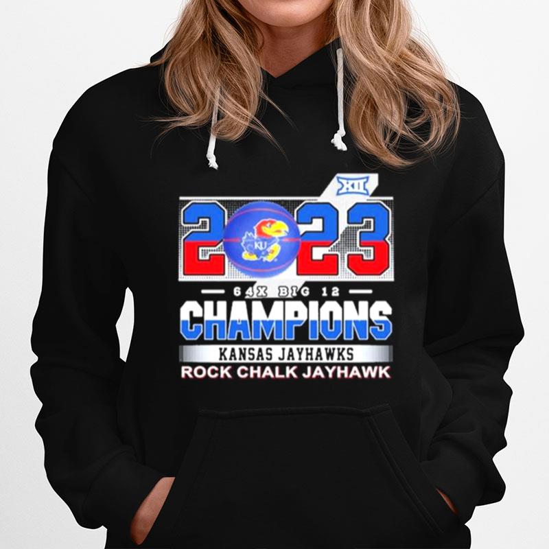 2023 64X Big 12 Champions Kansas Jayhawks Rock Chalk Jayhawk Hoodie