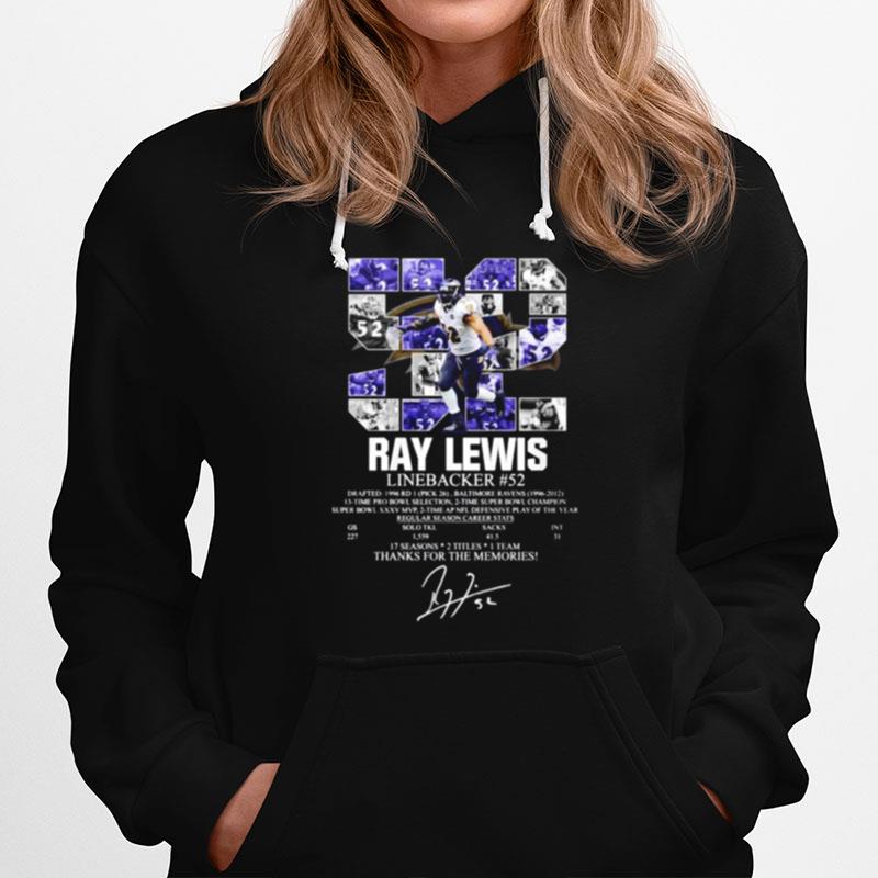 52 Ray Lewis Linebacker 17 Seasons 2 Titles 1 Team Thanks For The Memories Hoodie