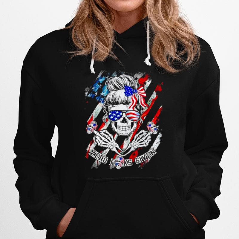 American Flag Skeleton Skull Girl Zero Fucks Given T-Shirt