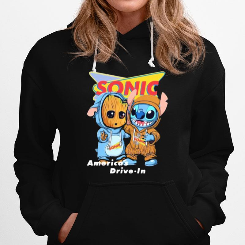 Americas Drive In Sonic Logo Baby Groot And Baby Stitch Hoodie