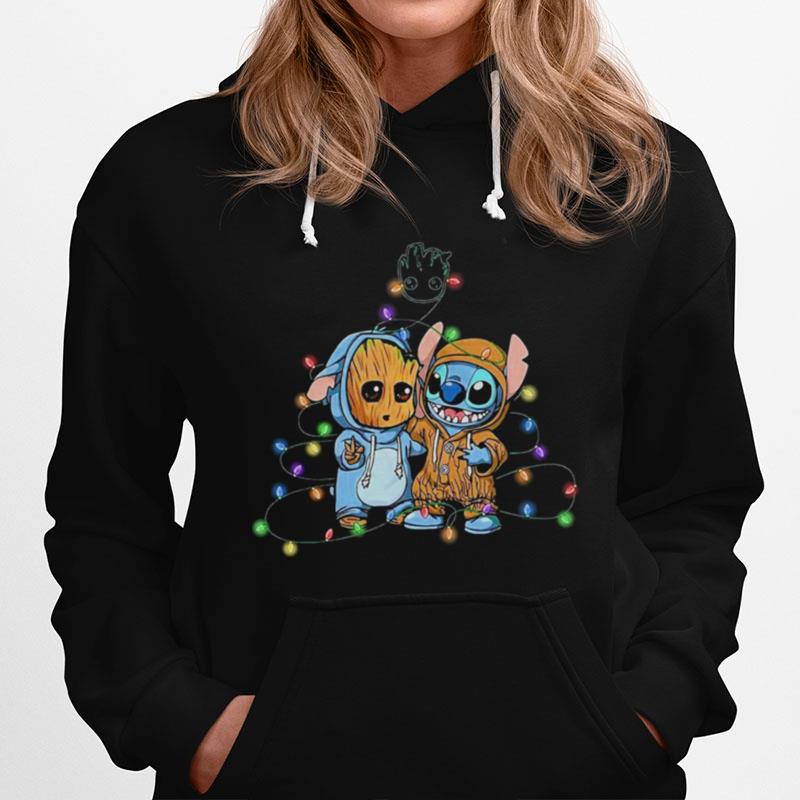 Baby Groot And Baby Stitch Happy Light Christmas Hoodie