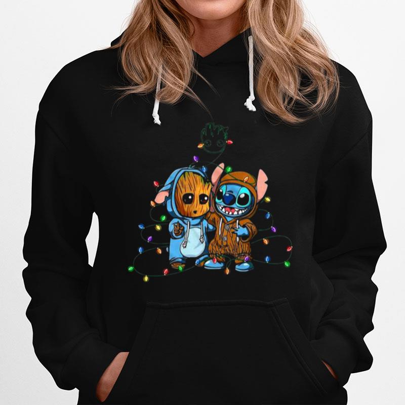 Baby Groot And Baby Stitch Merry Christmas Light Hoodie