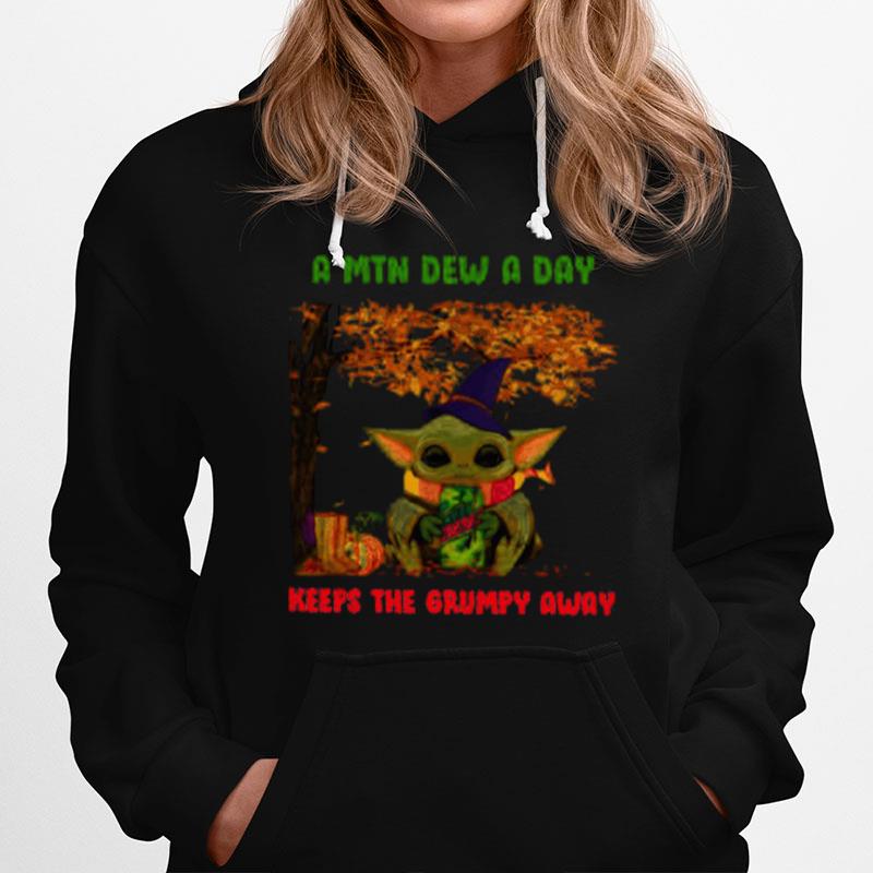 Baby Yoda Hug Mountain Dew A Mtn Dew A Day Keeps The Grumpy Away Halloween T-Shirt