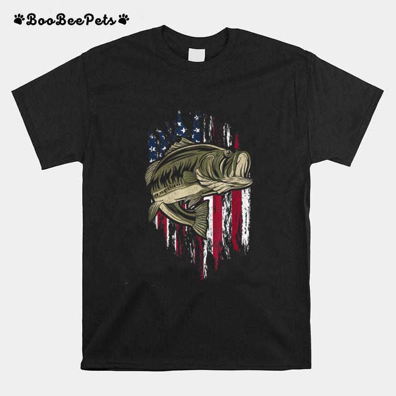 Bass Fishing American Flag 4Th Of July Gift For Fisherman T-Shirt