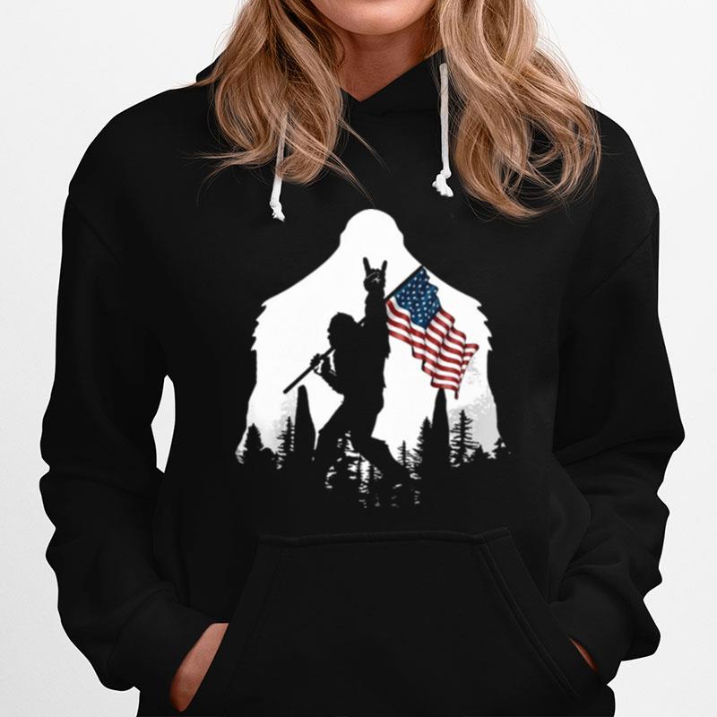 Bigfoot Rock And Roll Usa Flag In The Forest T-Shirt