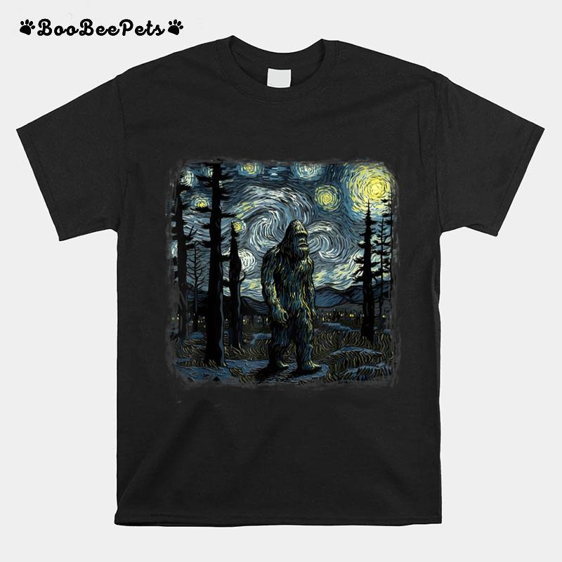 Bigfoot Starry Night Sasquatch Van Gogh Sky Painting Art T-Shirt