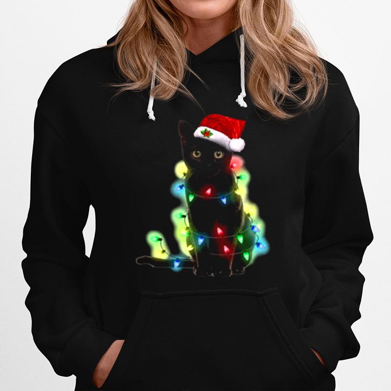 Black Cat Santa Light Merry Christmas Hoodie