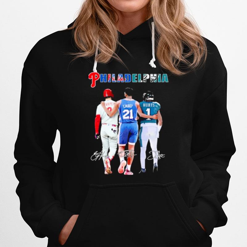 Bryce Harper Joel Embiid And Jalen Hurts Philadelphia Sports Signatures Hoodie