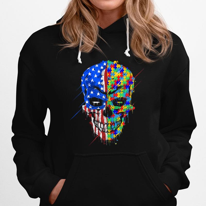 Buy Spooky Skull Autism Awareness Us Flag American Support Hoodie