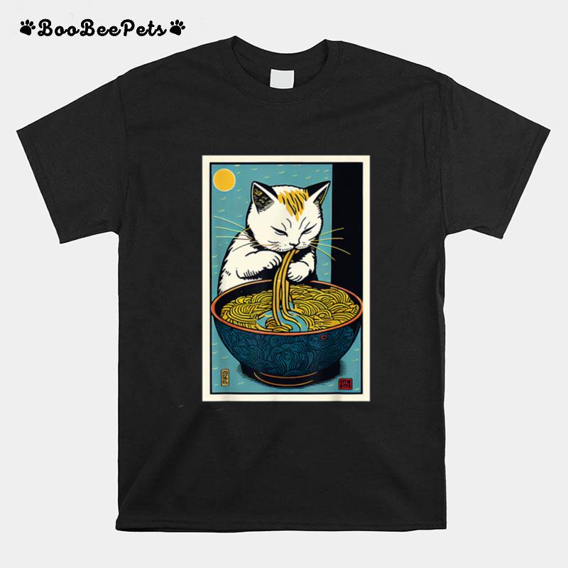 Cat Eating Ramen Noodles Cute Vintage Japanese Art Graphic T-Shirt