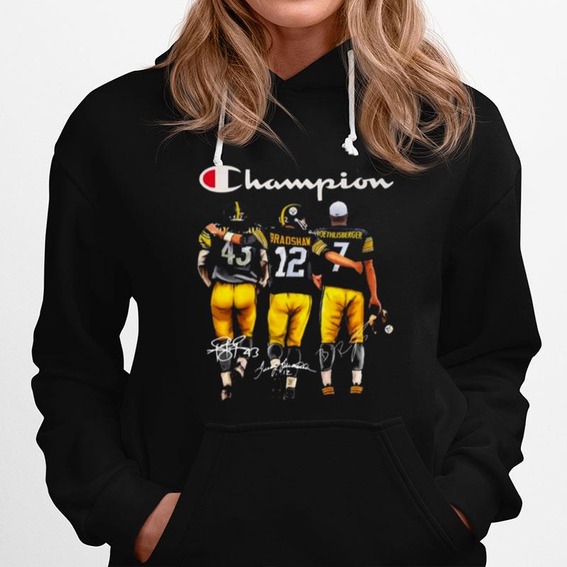 Champions Troy Polamalu And Terry Bradshaw And Ben Roethlisberger Pittsburgh Steelers Signatures Hoodie
