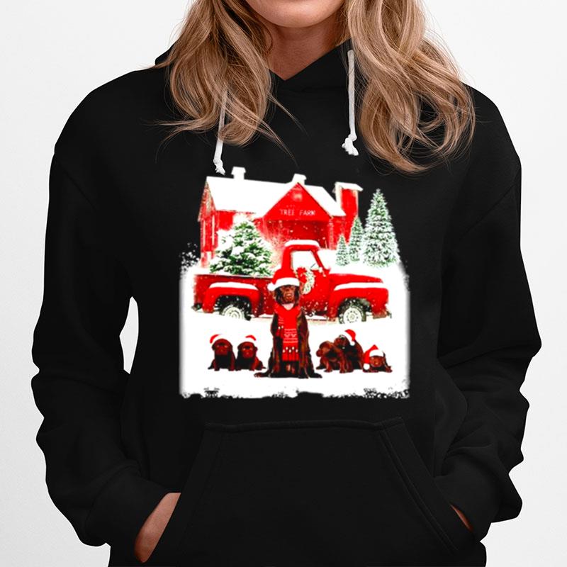 Chocolate Labrador Santa Hat Red Truck Tree Farm Christmas Hoodie