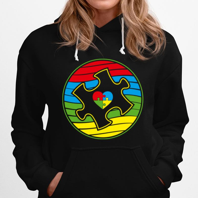 Colorful Puzzle Heart Retro Autism Awareness Teacher Hoodie