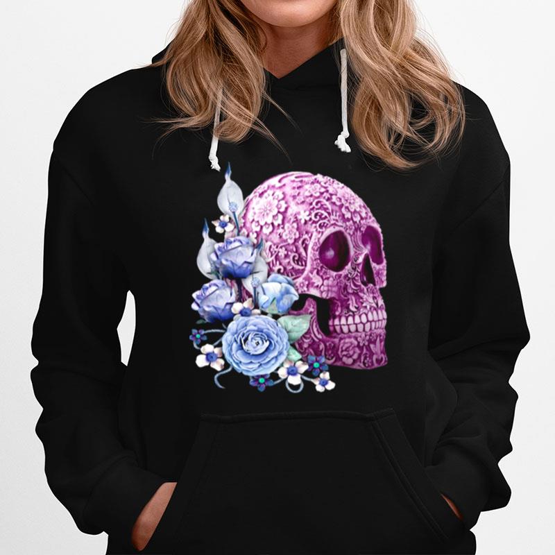 Cool Pink Floral Blue Flowers Skull T-Shirt