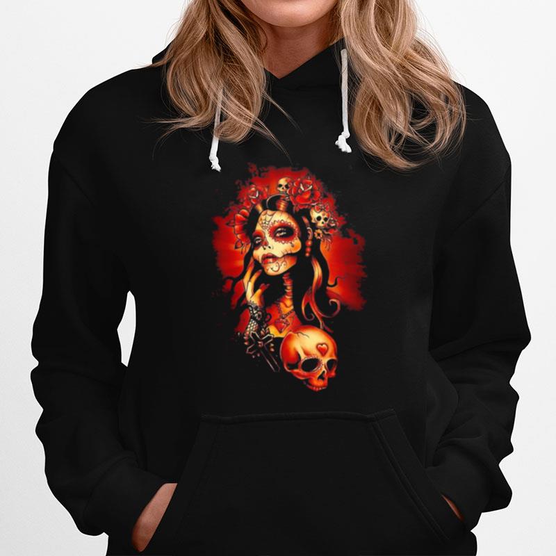 Day Of The Dead Sugar Skull Girl With Rose Tattoo Halloween Hoodie