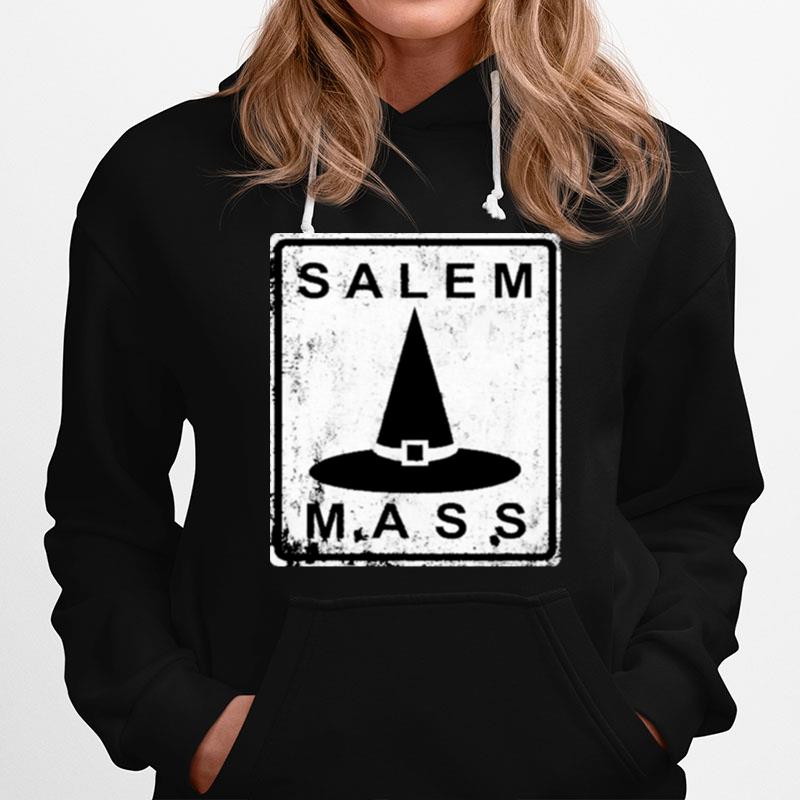 Distressed Salem Mass Black Witch Hat Massachusetts Sign Hoodie