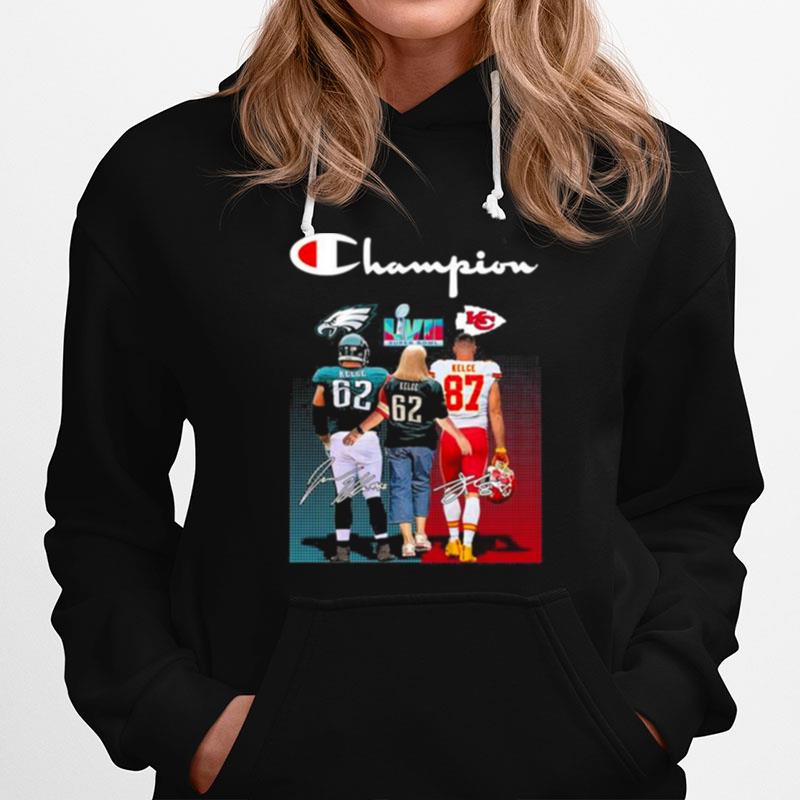 Donna Kelce Travis Kelce And Jason Kelce Champion Super Bowl Lvii Signatures Hoodie