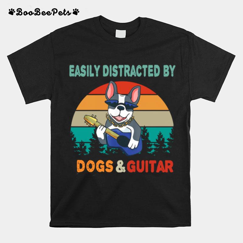 Easily Distracted By Dogs And Guitar Vintage Sunset T-Shirt