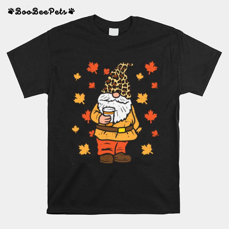 Fall Gnome Coffee Leopard Hat Halloween Thanksgiving Autumn T-Shirt