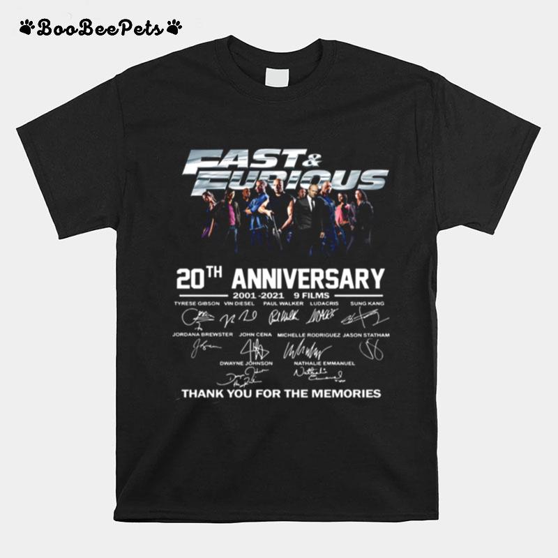 Fast And Furious 20Th Anniversary 2001 2012 9 Films Thank You For The Memories Signature T-Shirt