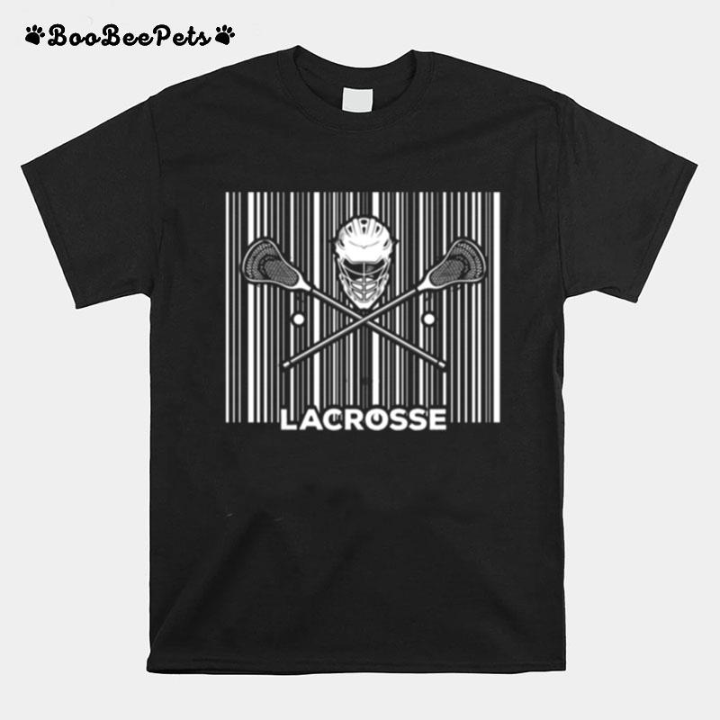 Field Game Sticks Mask Barcode Player Lacrosse T-Shirt
