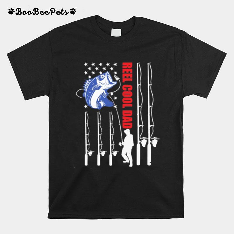 Fishing Reel Cool Dad Ameican Flag T-Shirt