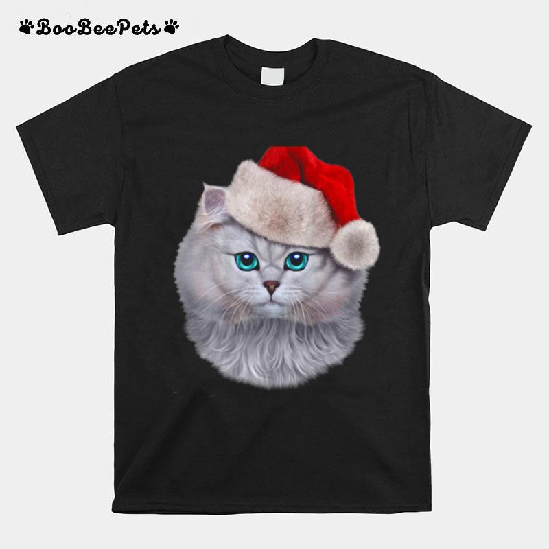 Fluffy Cat Wearing Santa Claus Hat On Christmas Holiday T-Shirt