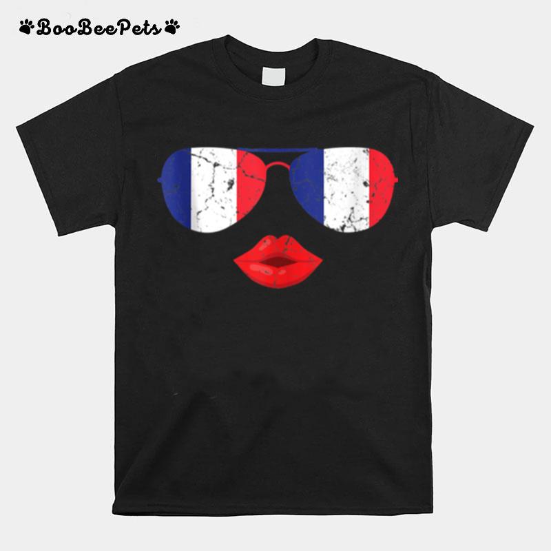 French Sunglasses Kissing Lips French Flag T-Shirt