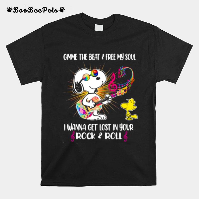 Gimme The Beat And Free My Soul I Wanna Get Lost In Your Rock And Roll Hippie Snoopy Guitar T-Shirt