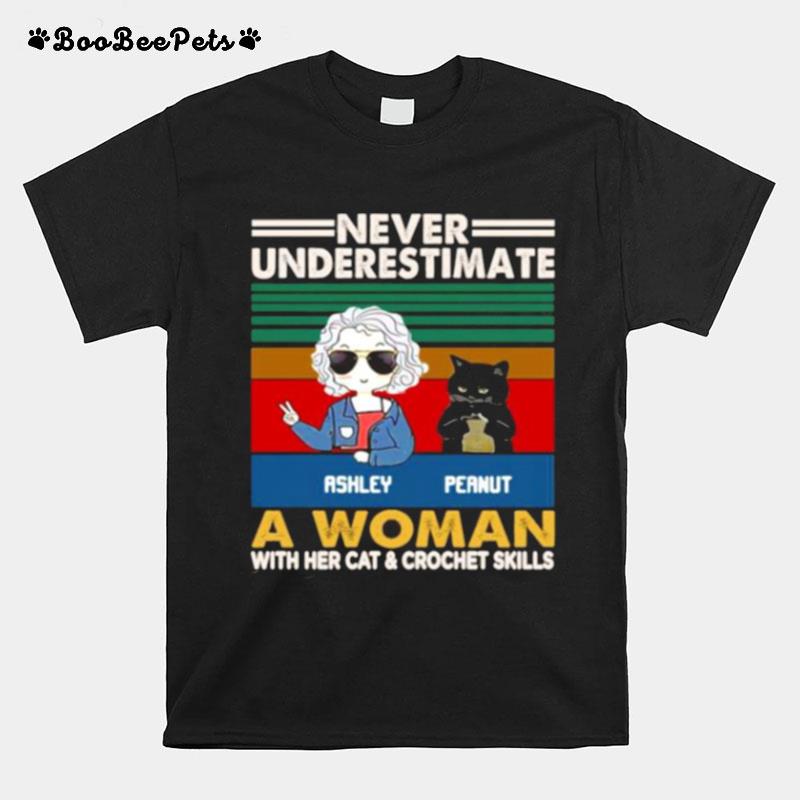 Girl And Black Cat Never Underestimate A Woman With Cats And Crochet Vintage T-Shirt