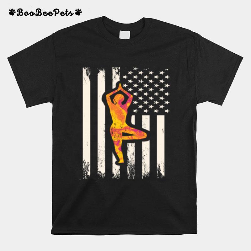Girl Doing Namaste Pose American Flag Yoga Flag T-Shirt