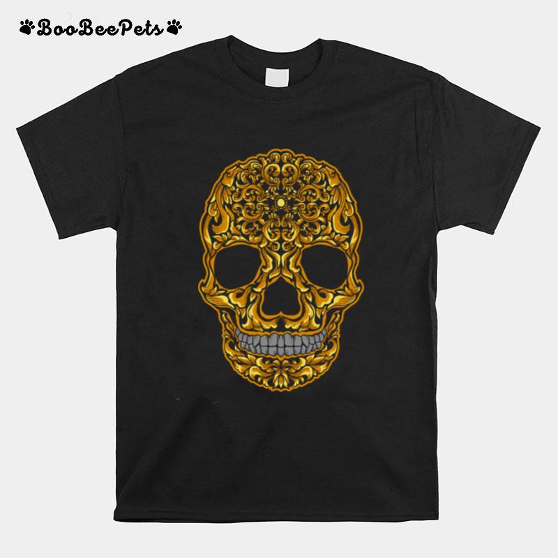 Gold Sugar Skull Day Dead Dia De Los Muertos T-Shirt