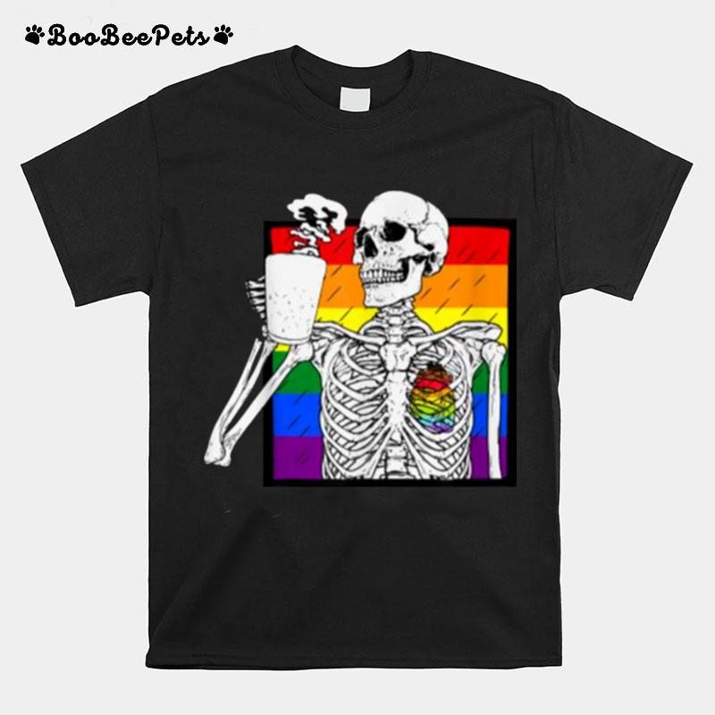 Goth Skeleton Coffee Gay Lesbian Pride Rainbow Human Heart T-Shirt