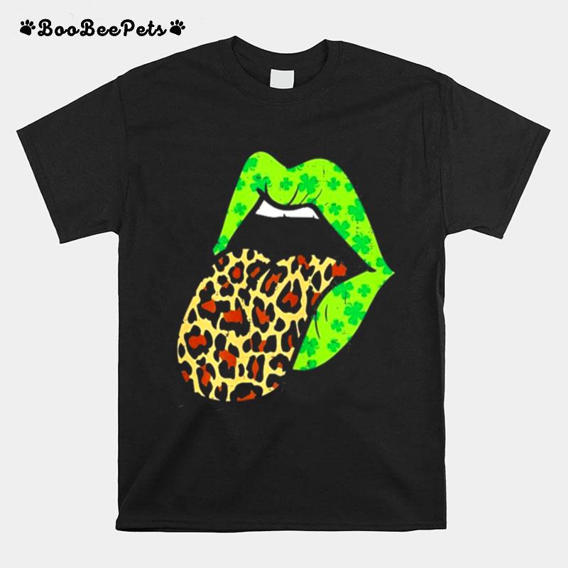 Green Lips Leopard Print Tongue Out St.Patricks Day T-Shirt