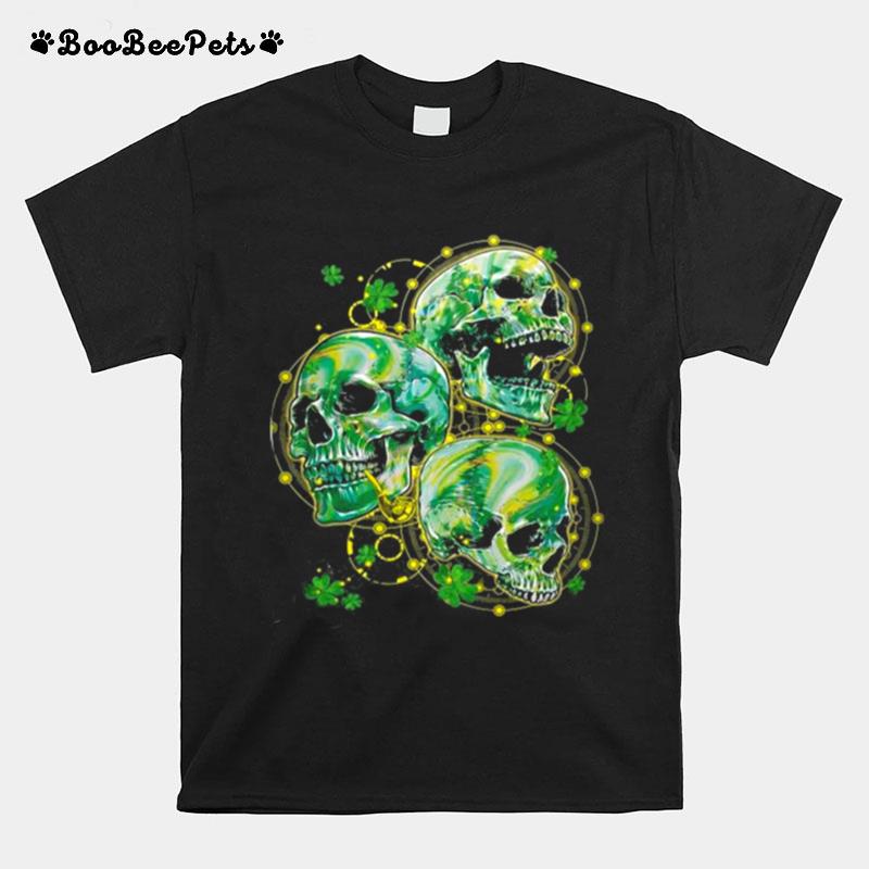Green Shamrocks Skull With Smoking Pipe Yellow Dots Circle T-Shirt