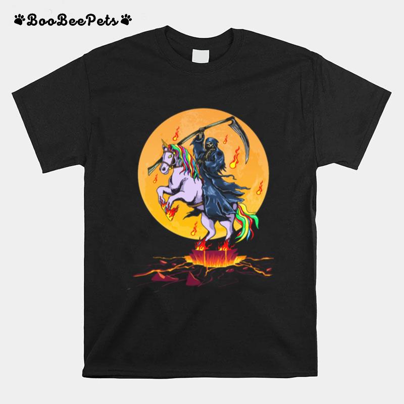 Grim Reaper With Unicorn Under The Moon Halloween Costume T-Shirt