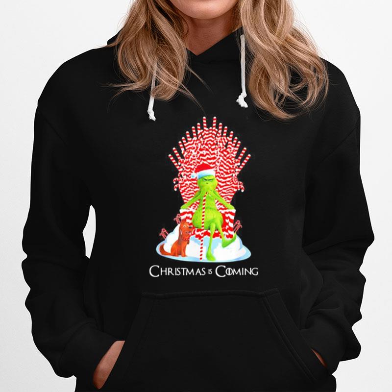 Grinch And Dog Is Coming Candy Cane Throne Xmas Hoodie