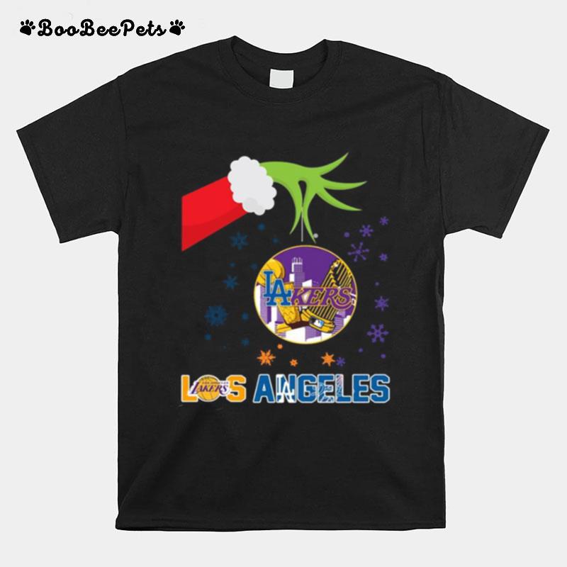 Grinch Hand Holding Lakers Los Angeles Christmas T-Shirt