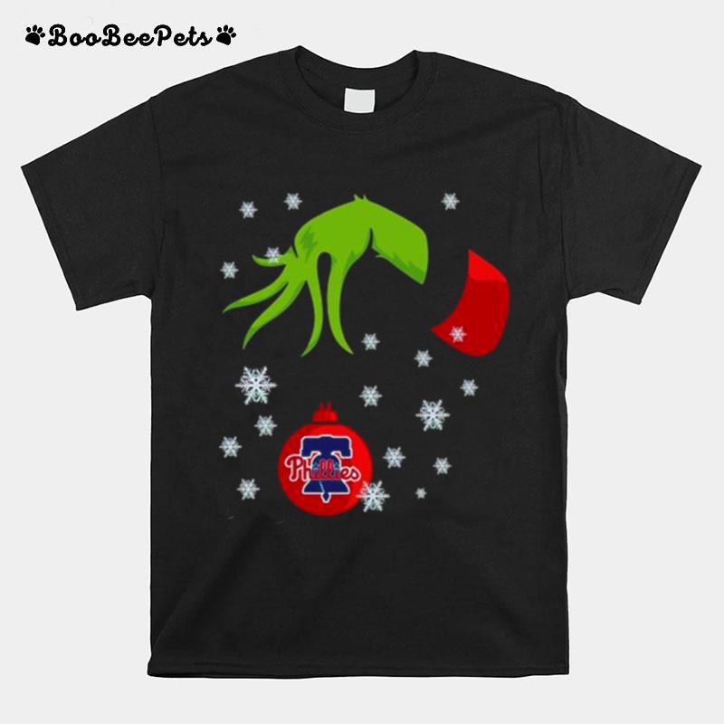 Grinch Hand Holding Philadelphia Phillies Snowflake Christmas 2022 T-Shirt