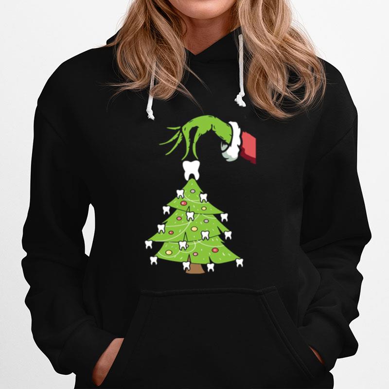 Grinch Hand Holding Tooth Dental Tree Christmas Hoodie