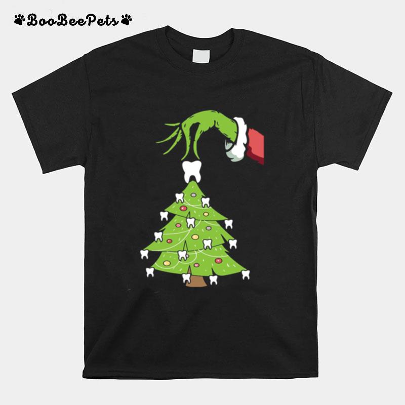 Grinch Hand Holding Tooth Dental Tree Christmas T-Shirt