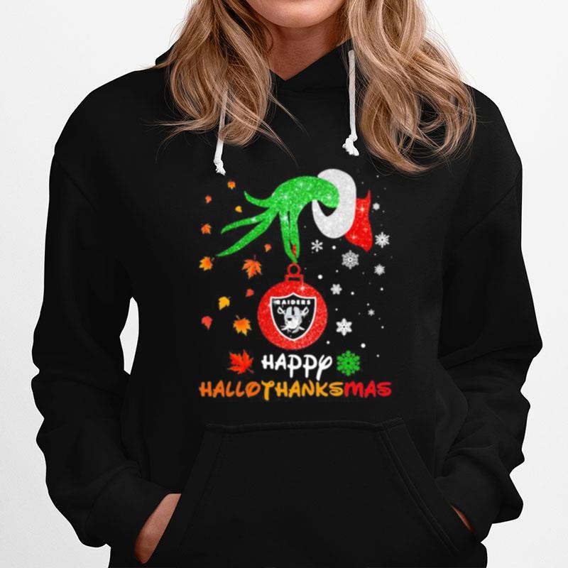 Grinch Holding Las Vegas Raiders Logo Happy Hallothanksmas Halloween Thanksgiving Christmas Hoodie