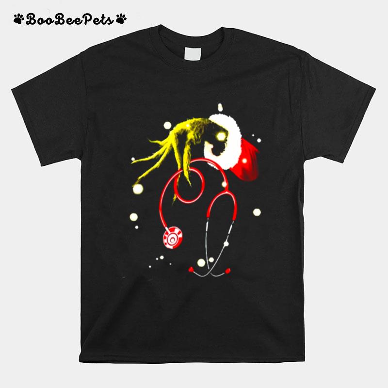 Grinch Holding Stethoscope Christmas Nurse T-Shirt