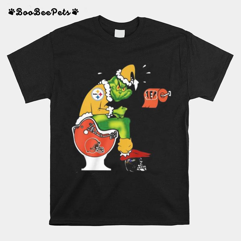 Grinch Pittsburgh Steelers Shit On Toilet Cleveland Browns And Other Teams Christmas T-Shirt