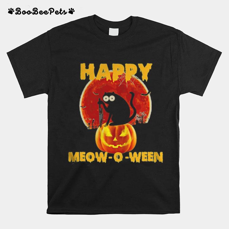 Halloween Black Cat Hold Knife Happy Meow O Ween T-Shirt