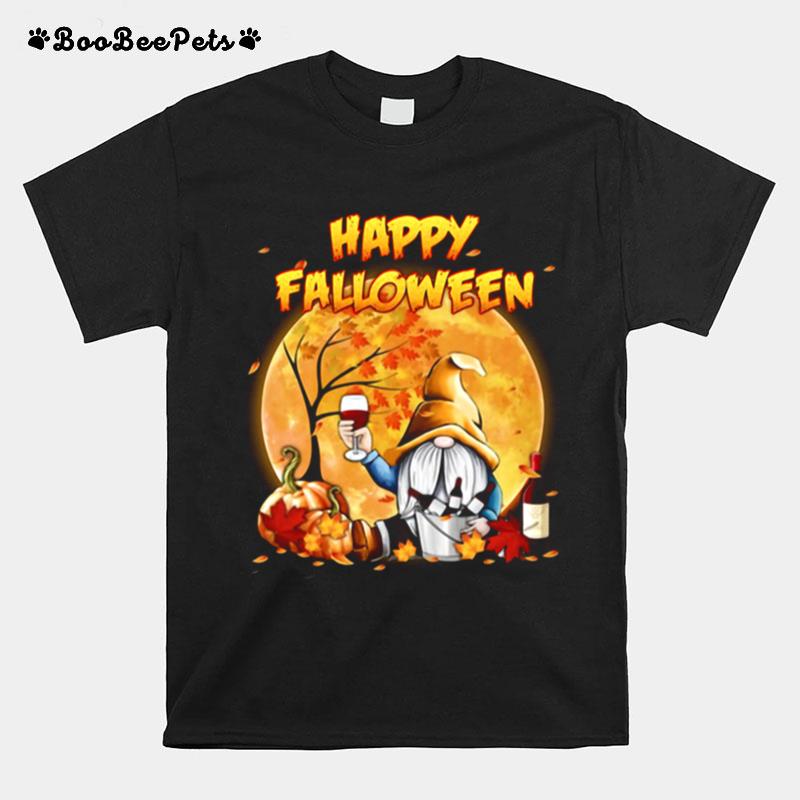 Halloween Gnomes Drink Wine Pumpkin Maple Leaves Happy Falloween T-Shirt