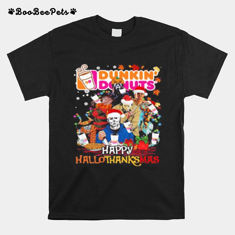 Halloween Horror Characters Dunkin Donuts Happy Hallothanksmas Halloween Thanksgiving Christmas T-Shirt