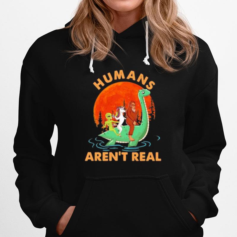 Halloween Humans Aren%E2%80%99T Real Alice Unicorn And Bigfoot Riding Dinosaur Hoodie
