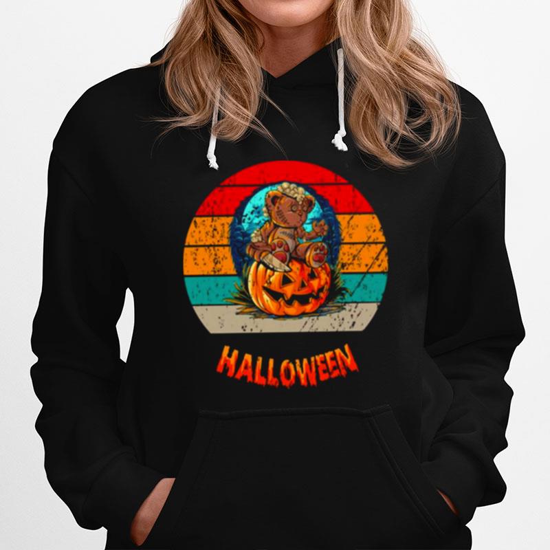 Halloween Teddy Bear With Knife Sitting Pumpkin Hoodie