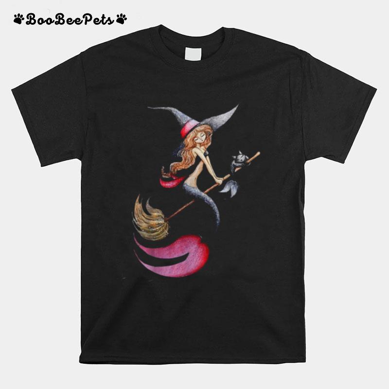 Halloween Witch Mermaid Is Riding A Broom With Her Cat T-Shirt